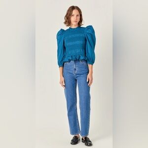 English Factory Cotton Poplin Women’s Smocked Puff Sleeve Top Blue, size Small